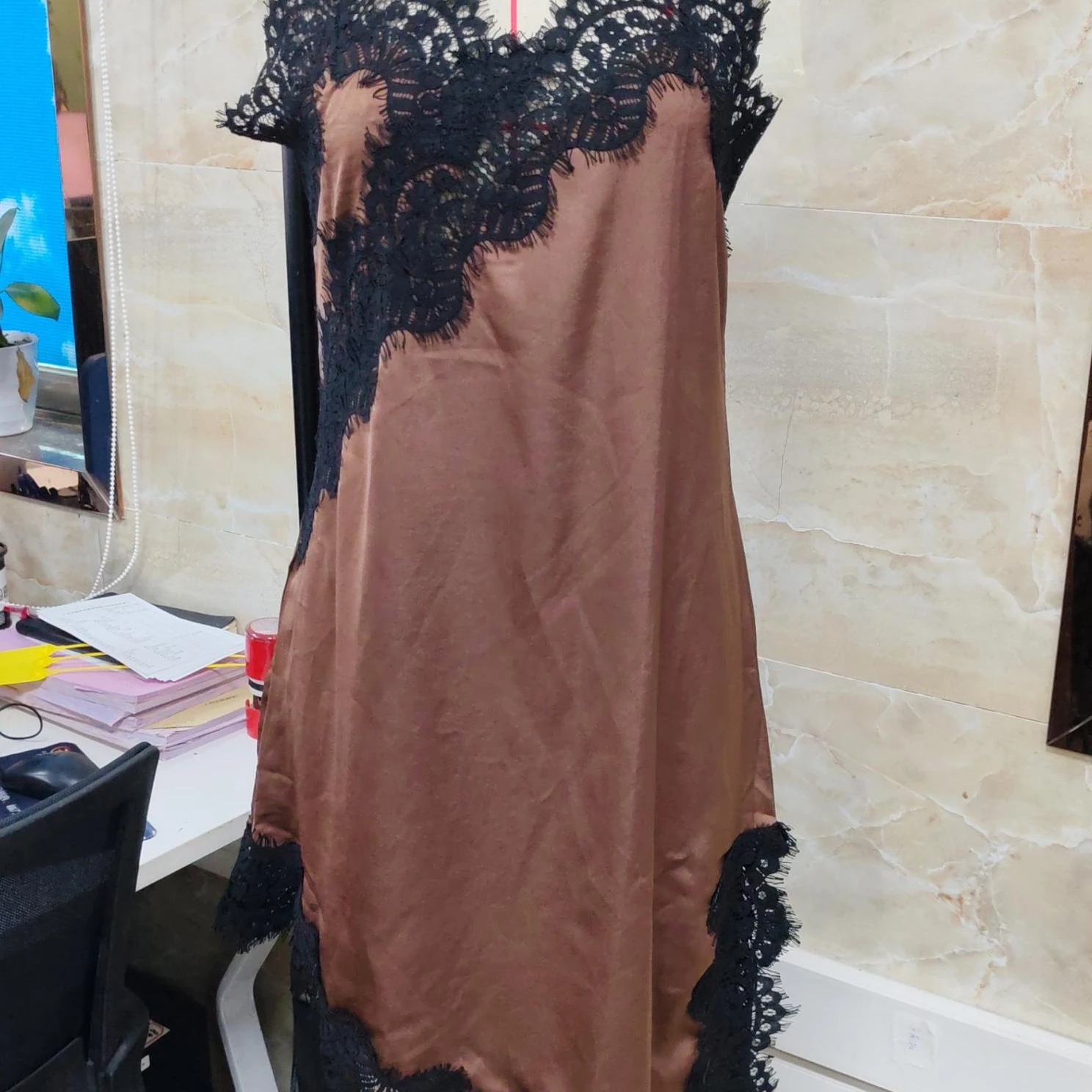 Sleeveless Spaghetti Strap V Neck Lace Patchwork Satin Dress Summer Party Dress Women's Asymmerital Midi Cami Dress