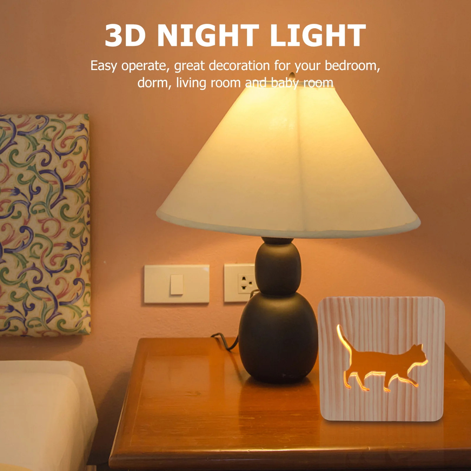 جوفاء هريرة ثلاثية الأبعاد ضوء الليل الخشبي الدافئة الأبيض LED غرفة نوم طاولة مكتبية مصباح صديقة للبيئة هدية أصدقاء الأسرة #6