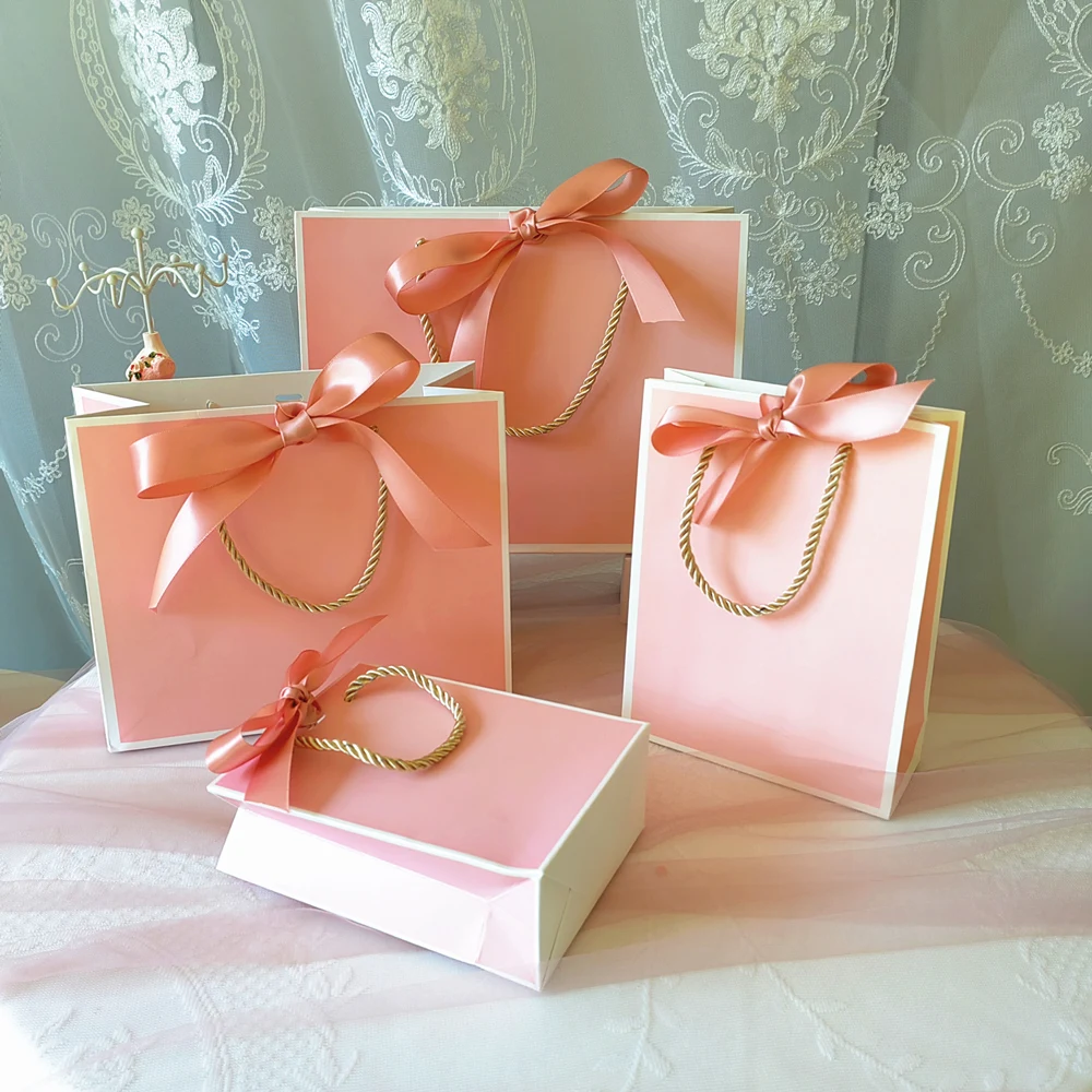 

10 PC Pink Gift Bag Gift Box Bridesmaid Packaging Wedding Ornament Kraft Paper Bag Party For Baby Shower Book With Handle Ribbon