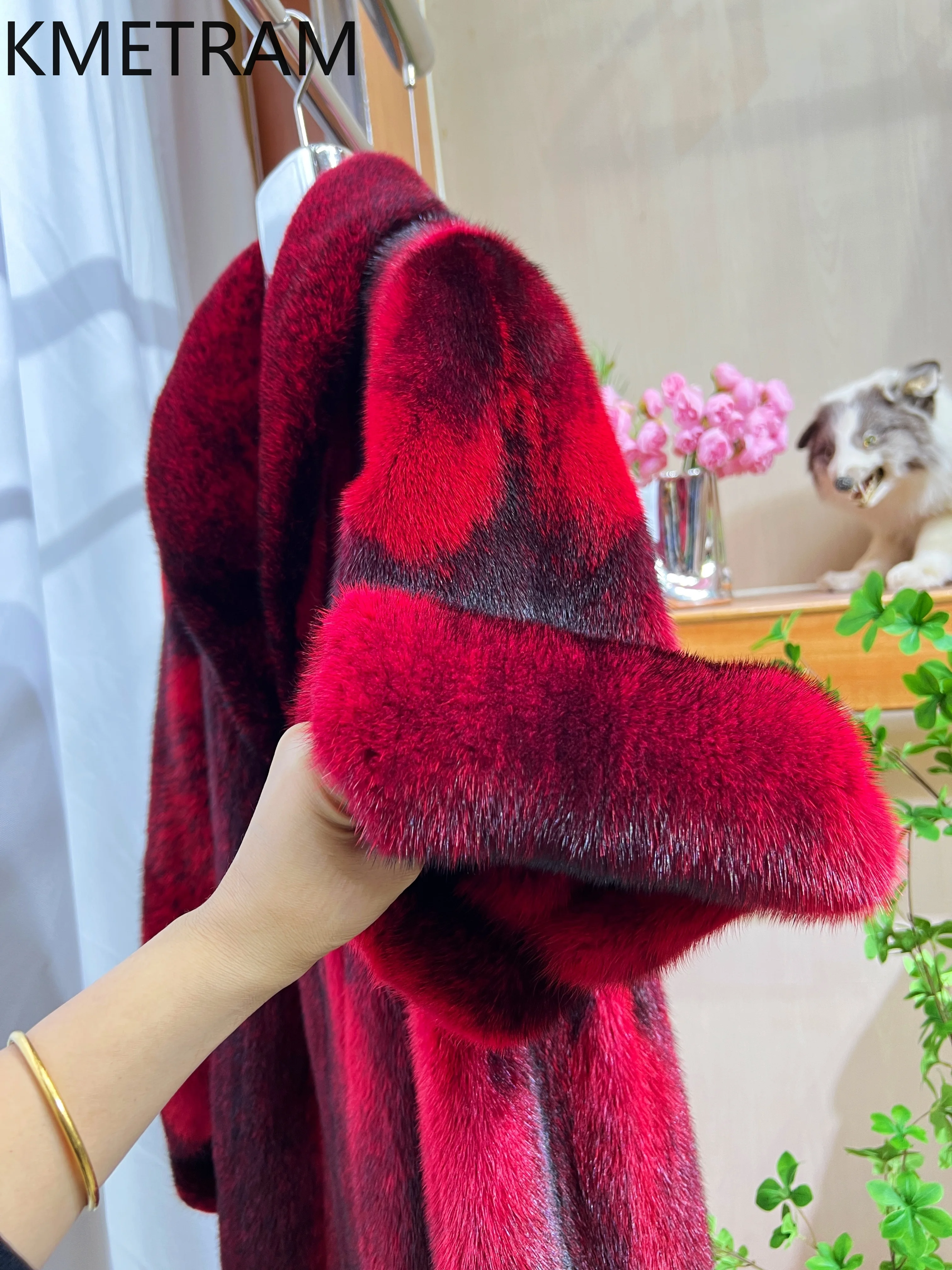 Abrigo de piel de visón cruzada auténtica para mujer, chaqueta larga de piel roja de lujo para mujer, moda nueva en abrigos, ropa de invierno para mujer, piel 2025
