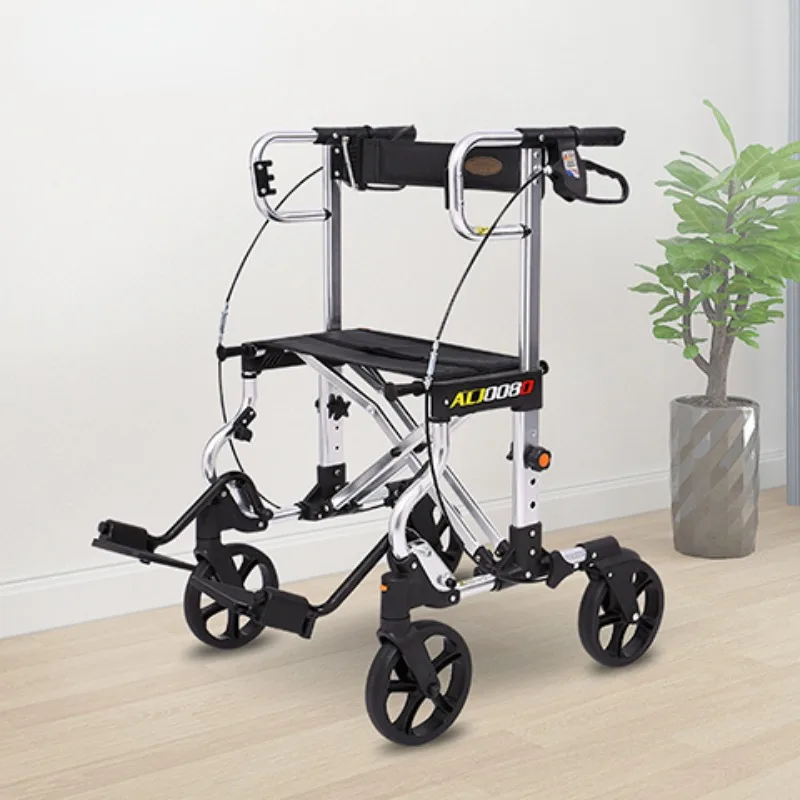 One Click Folding Walkers for Adults, Adjustable Height Shopping Adult Walking Cart, Aluminum Alloy Four-wheel Walking Aids