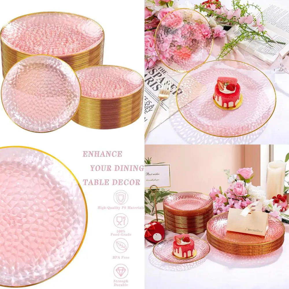 

Прозрачные пластиковые тарелки с розовой золотой оправой — 100 одноразовых тарелок с кованым дизайном для вечеринок и торжеств