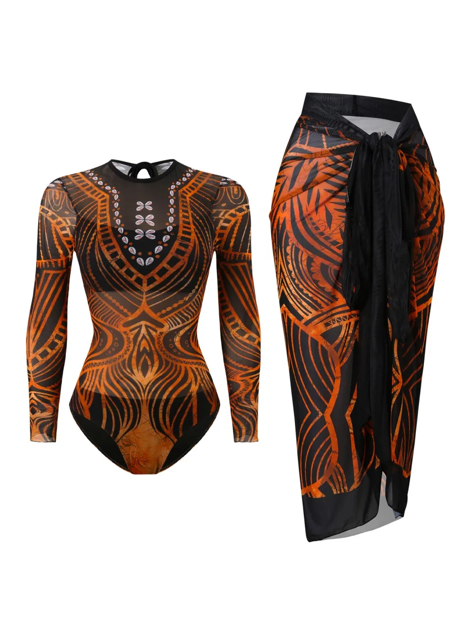 

2026 Sexy Long Sleeve Mesh Swimsuit Women Beach Dress Printed Swimwear Female Bather Bathing Swimming Suit Padded Beachwear