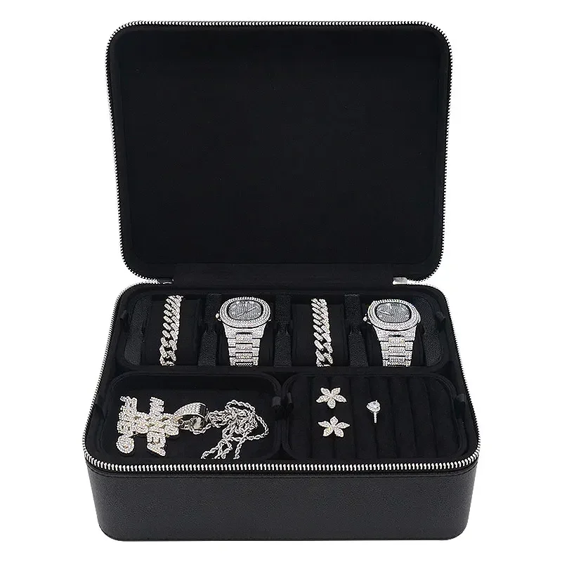 

Diversification Black Pu Leather Jewelry Storage Case Luxury Traveling Portable Zipper Ice Jewellery Boxes
