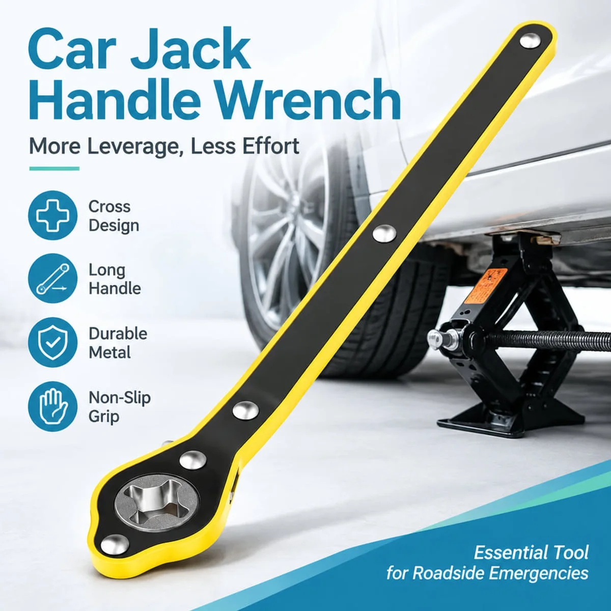 Cross-Type Car Jack Handle Wrench with Ratchet Design Long Metal Rod Black Yellow Grip for Tire Change Emergency Repair