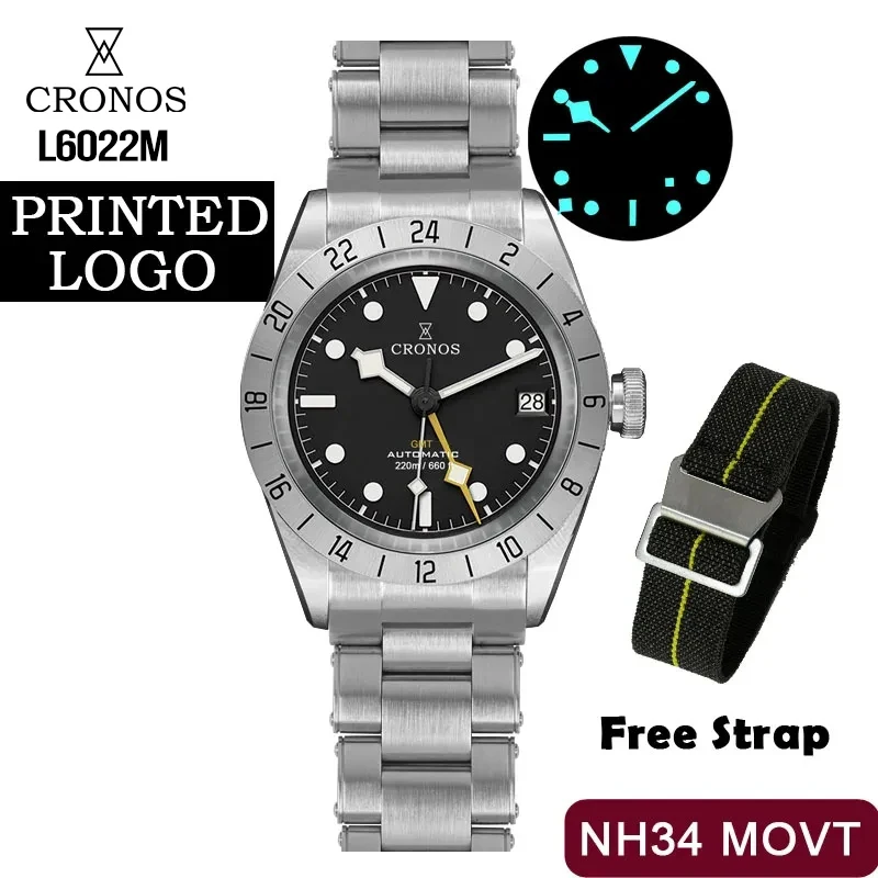 

Cronos Vintage GMT 39mm NH34 Automatic Men Watch Mechanical Sapphire Glass Date Window BGW9 LUM Leather Strap Bracelet