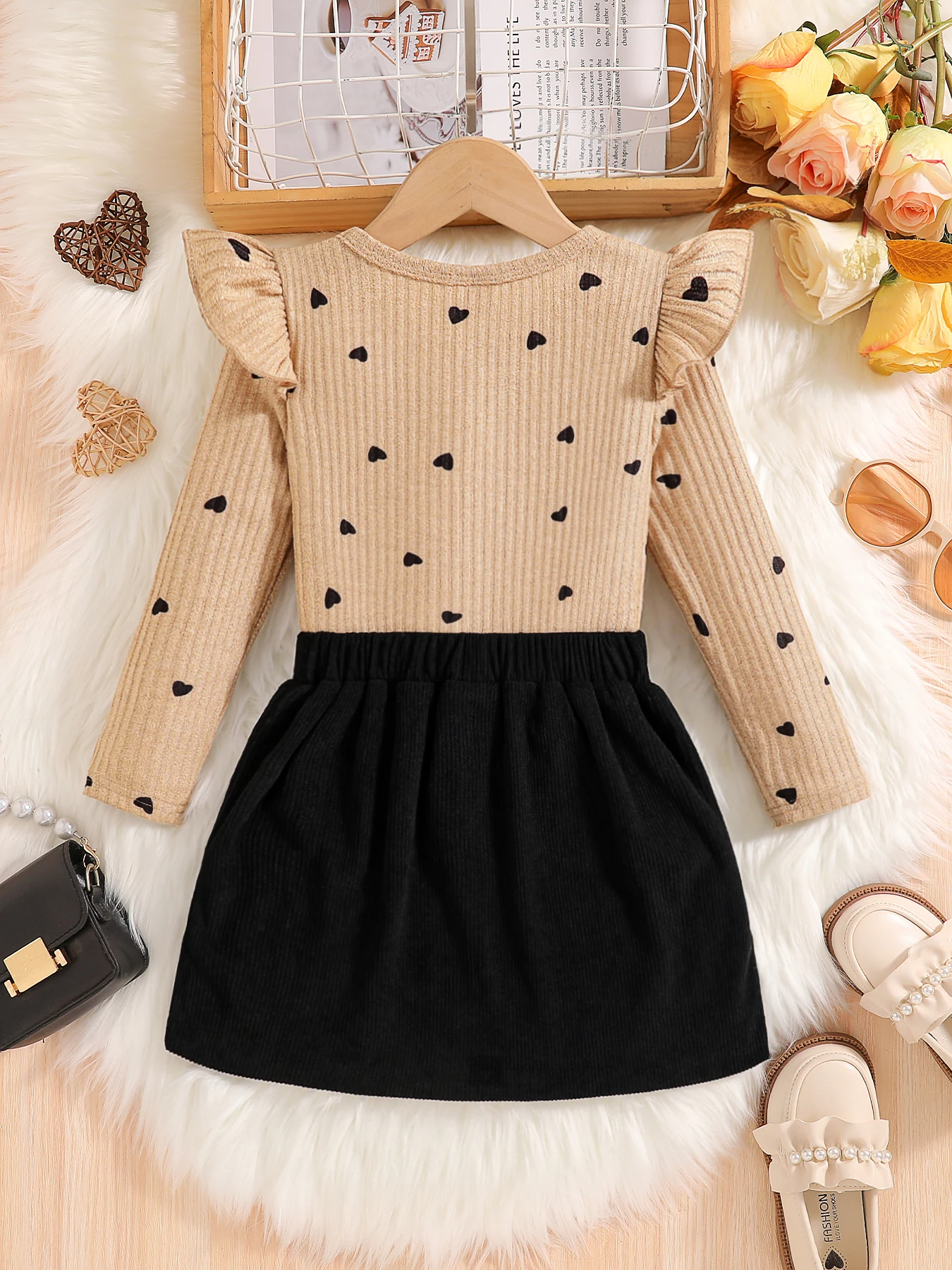 2-Piece Set for Girls in Spring and Autumn: Fashionable and Elegant Dress Set for Young Girls, Featuring Round Neck Ribbed Lace