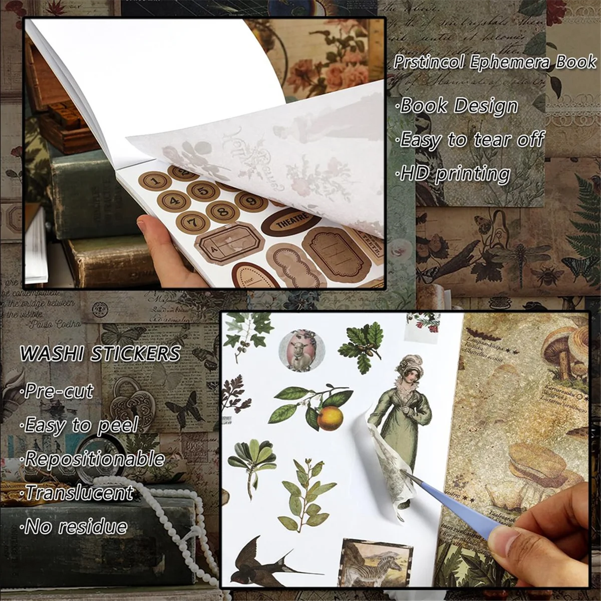 AAAE Vintage Aesthetic Washi Stickers Paper for Scrapbooking, 40 Sheets Ephemera Book for Art Journaling,C