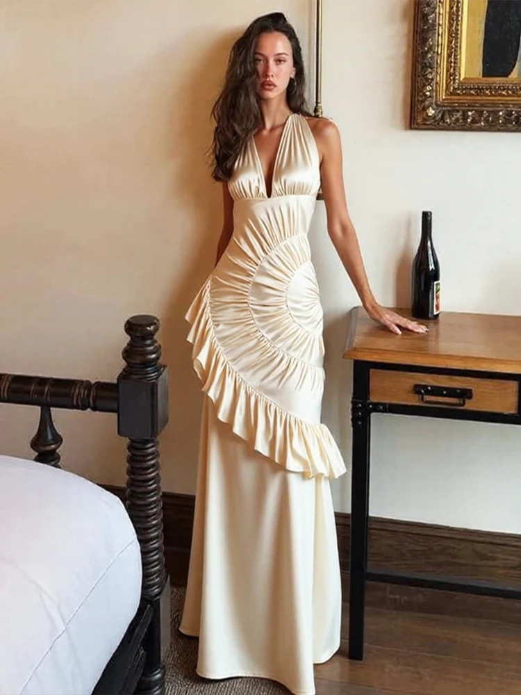 Bizarre chat élégant Satin dos nu robe femmes classique licou col en v froncé sans manches tendance mode fête d'anniversaire Club robes