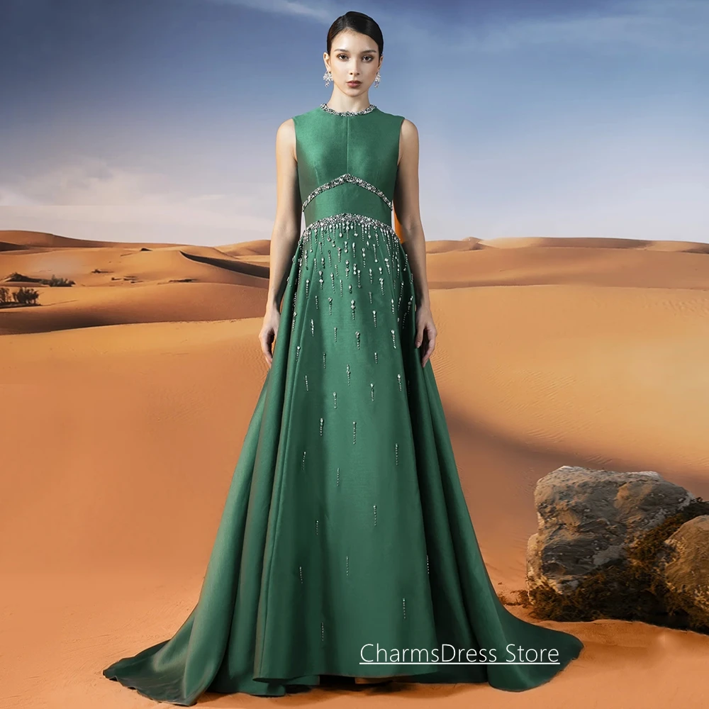 Modernes Abendkleid nach Maß, O-Ausschnitt, ärmellos, mit Perlen und Kristallen, Schleppe, A-Linie, Mikado-Satin, Ballkleid, Partykleid