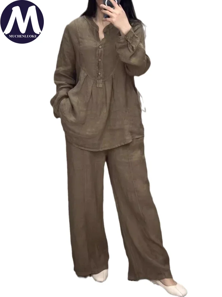 2 قطعة مجموعة للمرأة الصيف جديد أنيق القطن الكتان طويلة الأكمام نصف بالأزرار القمم الدعاوى المألوف عارضة فضفاض بانت مجموعات