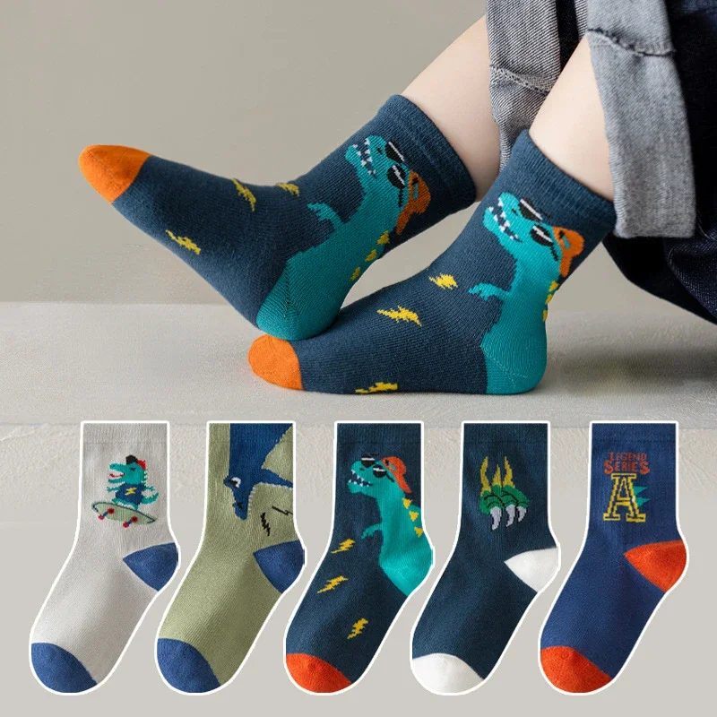 5 Pairs/lot 1-12 Years Children\'s Cotton Socks Spring Autumn Cartoon Dinosaur Comfortable Baby Girls Toddler Kids Boys Socks