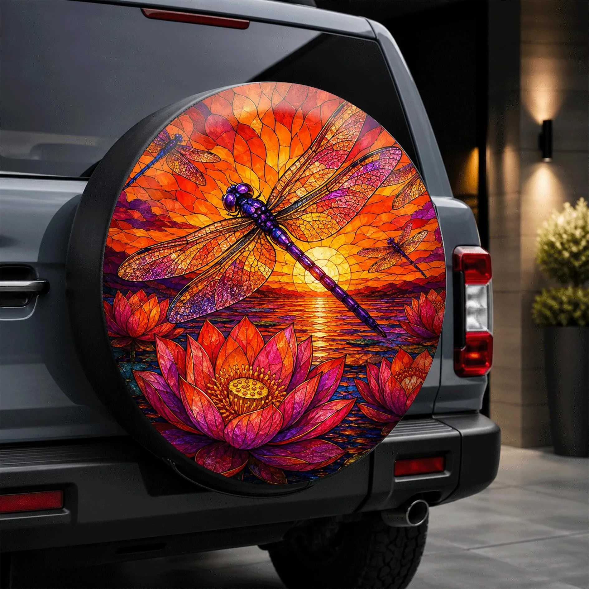 Dreamy Dragonfly Water Lily Print Car Tire Cover Universal Spare Wheel Protector for Camping Daily Use