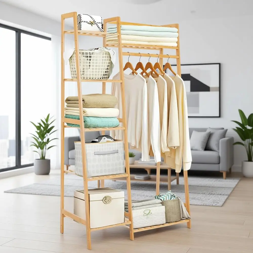 

7-Tier Bamboo Clothing Rack for Small Spaces, Children's Wardrobe, and Multifunctional Plant Stand