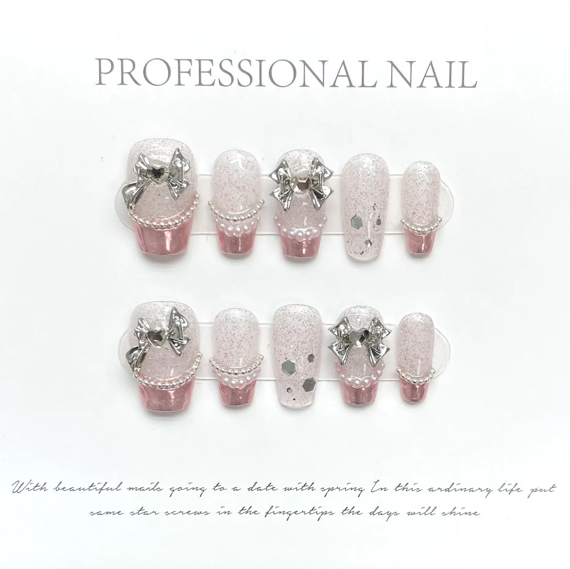 10Pcs Handmade Cat‘s Eyes Press on Nails Glod Flower Ballet Wearable False Nails Glitter Decoration Full Cover Nail Tips Art