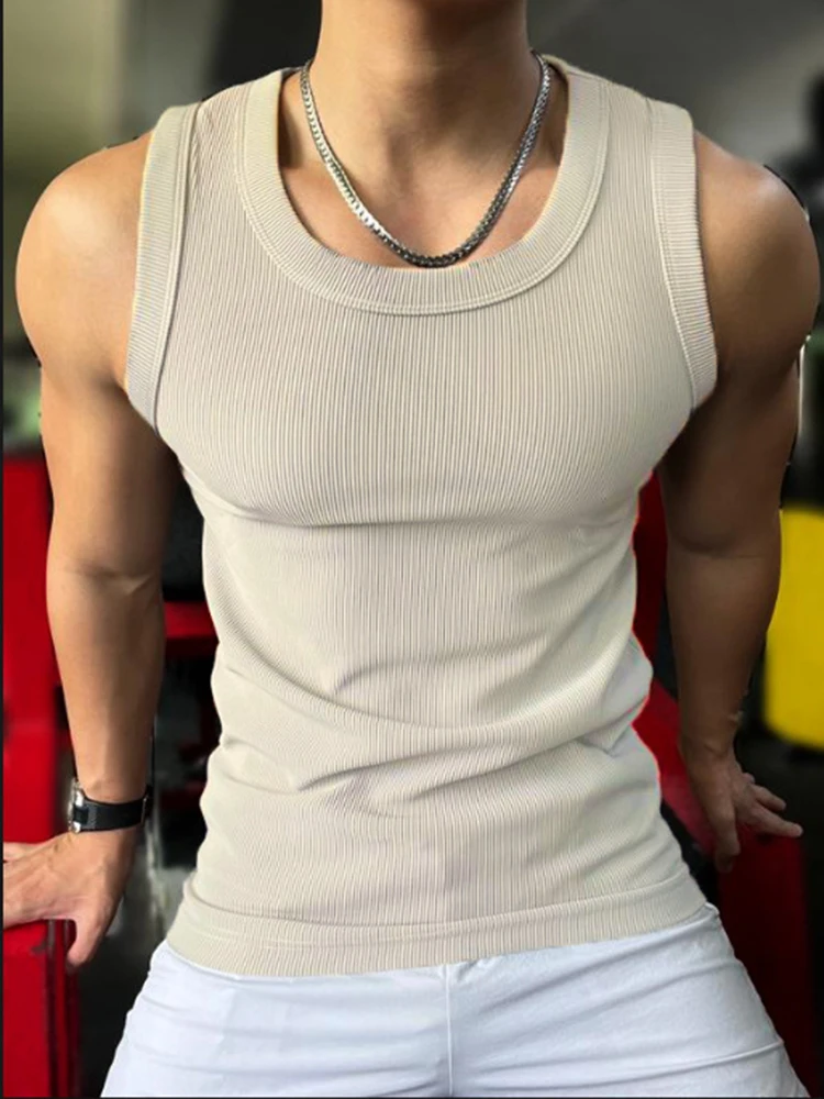 Sports Training Slim Fit Stretch Tank Tops Mens Summer Breathable O Neck Camisoles Men Casual Solid Color Sleeveless Ribbed Vest