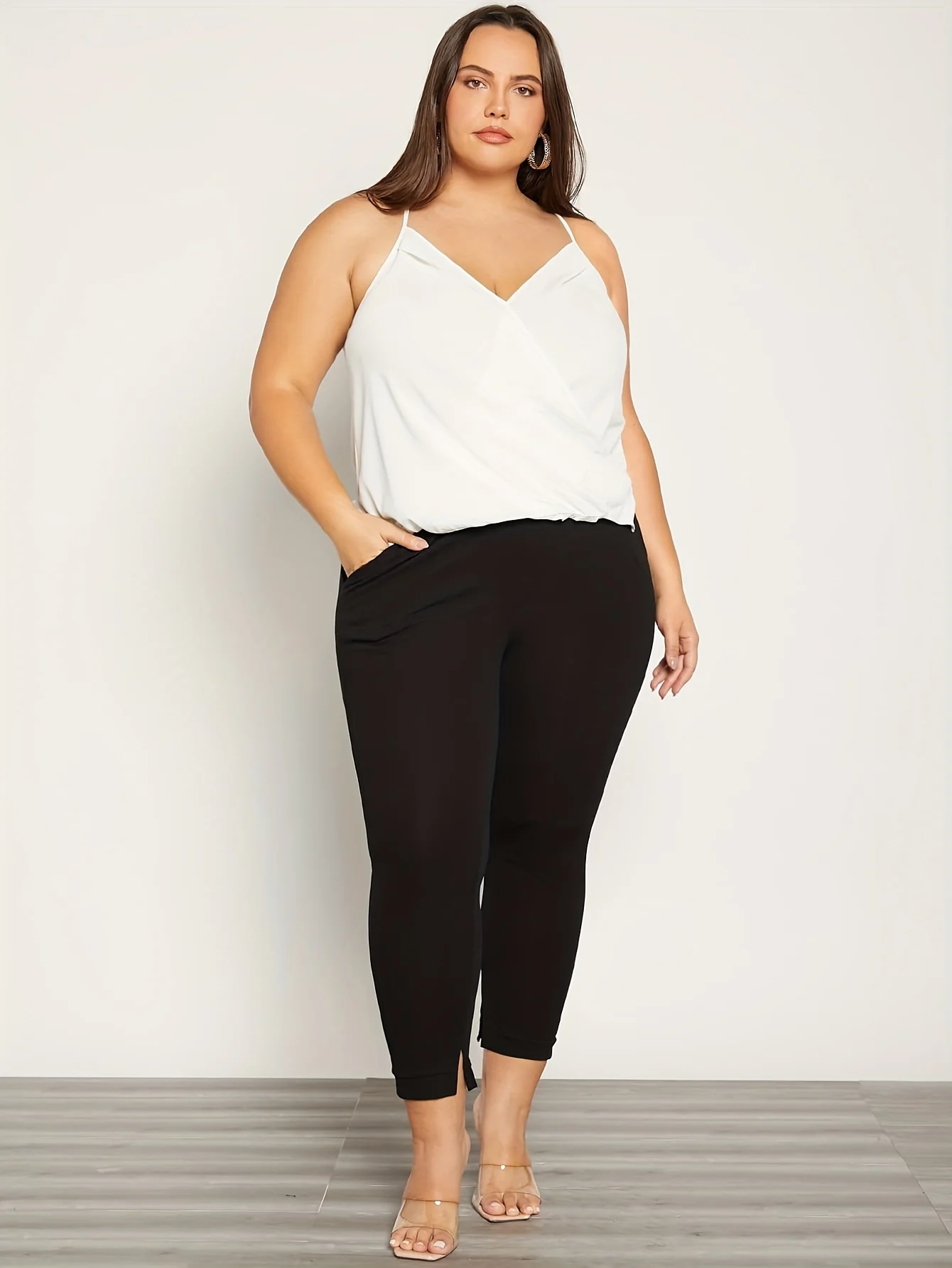 

Plus Size Solid Color Slit Hem Pants European Fashion Elastic Slim Fit Pants for Plus Size Women