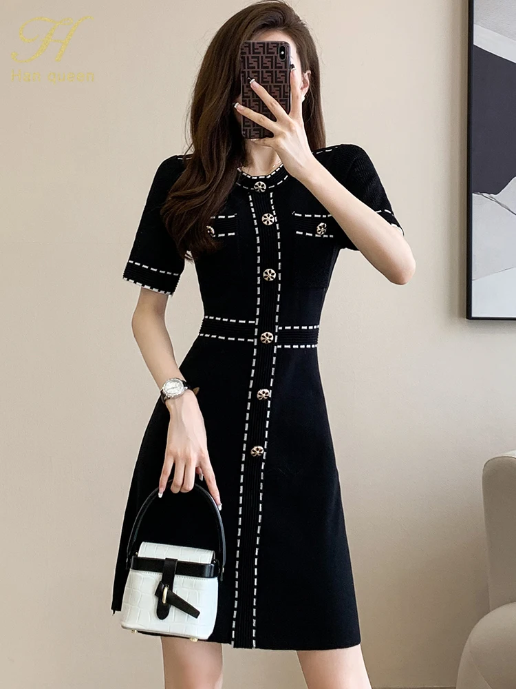 H Han Queen Fashion Summer Dresses 2024 Short Sleeve Color Blocking Vintage Vestidos Simple Knitted Casual Office Women\'s Dress