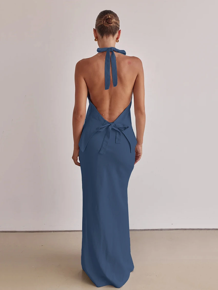 Marthaqiqi Blue Ladies Pajamas 2 Piece Suit Halter Sleepwear V-Neck Nightgowns Tank Tops Nightwear Long Skirt Casual Nightie Set