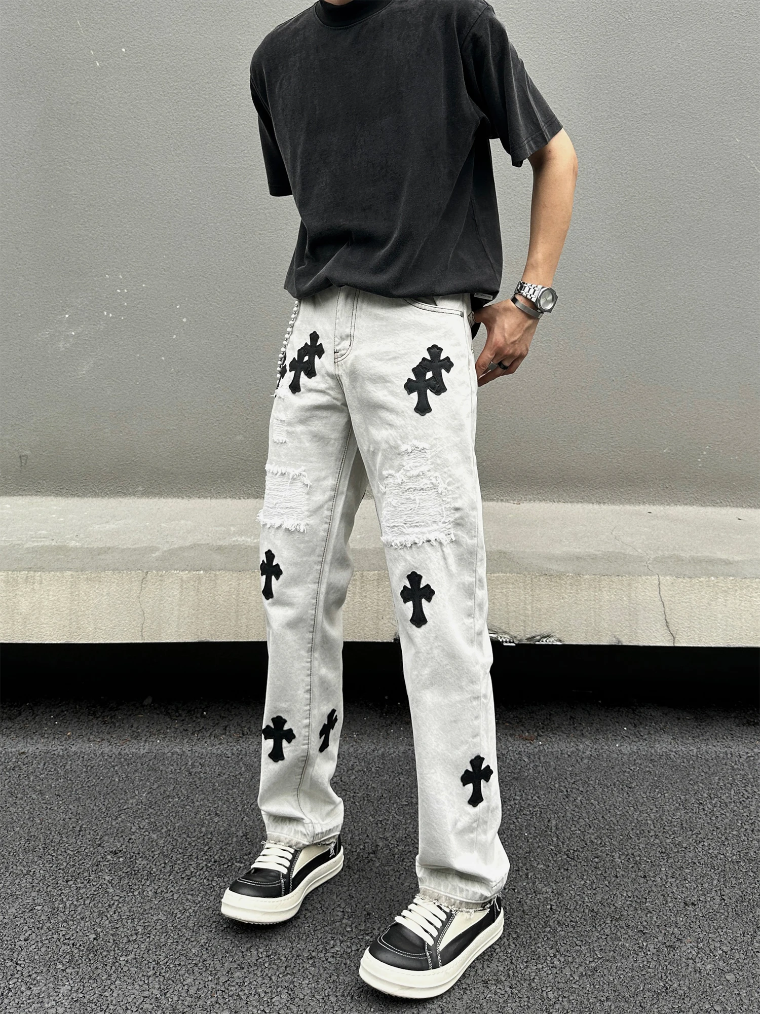 

Мужские джинсы Street Sle с вышивкой крестиком, длинные повседневные брюки с низкой посадкой, прямые штанины, износостойкие, молодежный стиль, хип-хоп, свободный крой