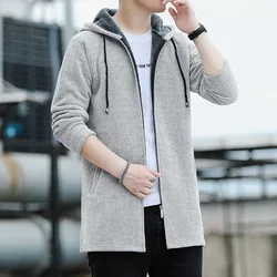 Mens Long Cardigan Thick Fleeced Knit Jackets Solid Color Hooded Sweater Coat Autumn Winter Padded Clothes