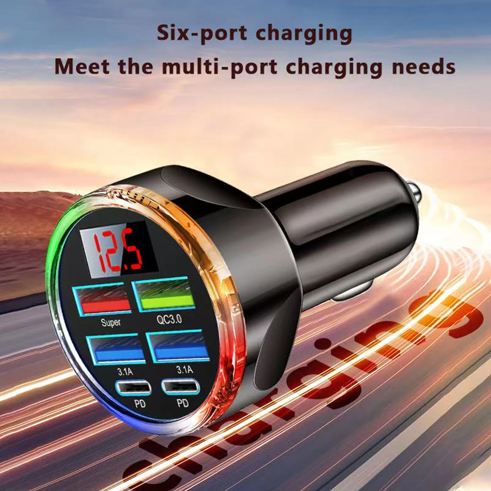 UYUXIO USB C شاحن سيارة محول متعدد المنافذ 6 في 1 مع عرض الجهد آيفون 17 16 سامسونج شحن سريع مع فولت متر