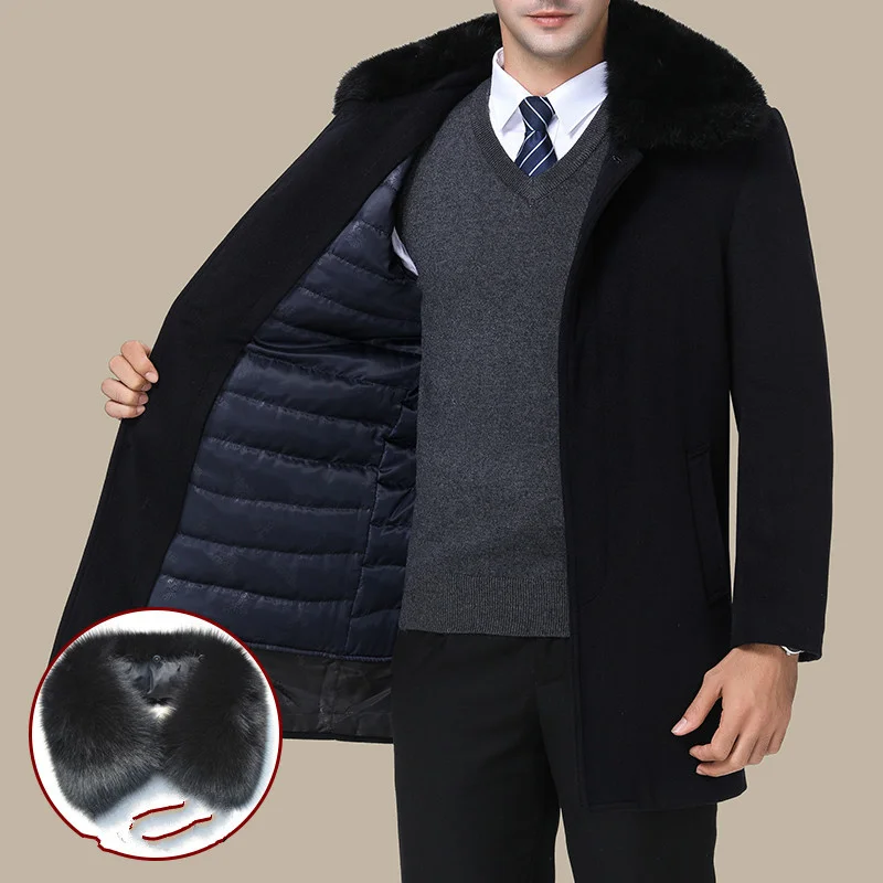 

QYLVAWOY Real Rex Rabbit Fur Collar Wool Coat Autumn Winter Jacket Men Business Casual 's Thick Warm Trench