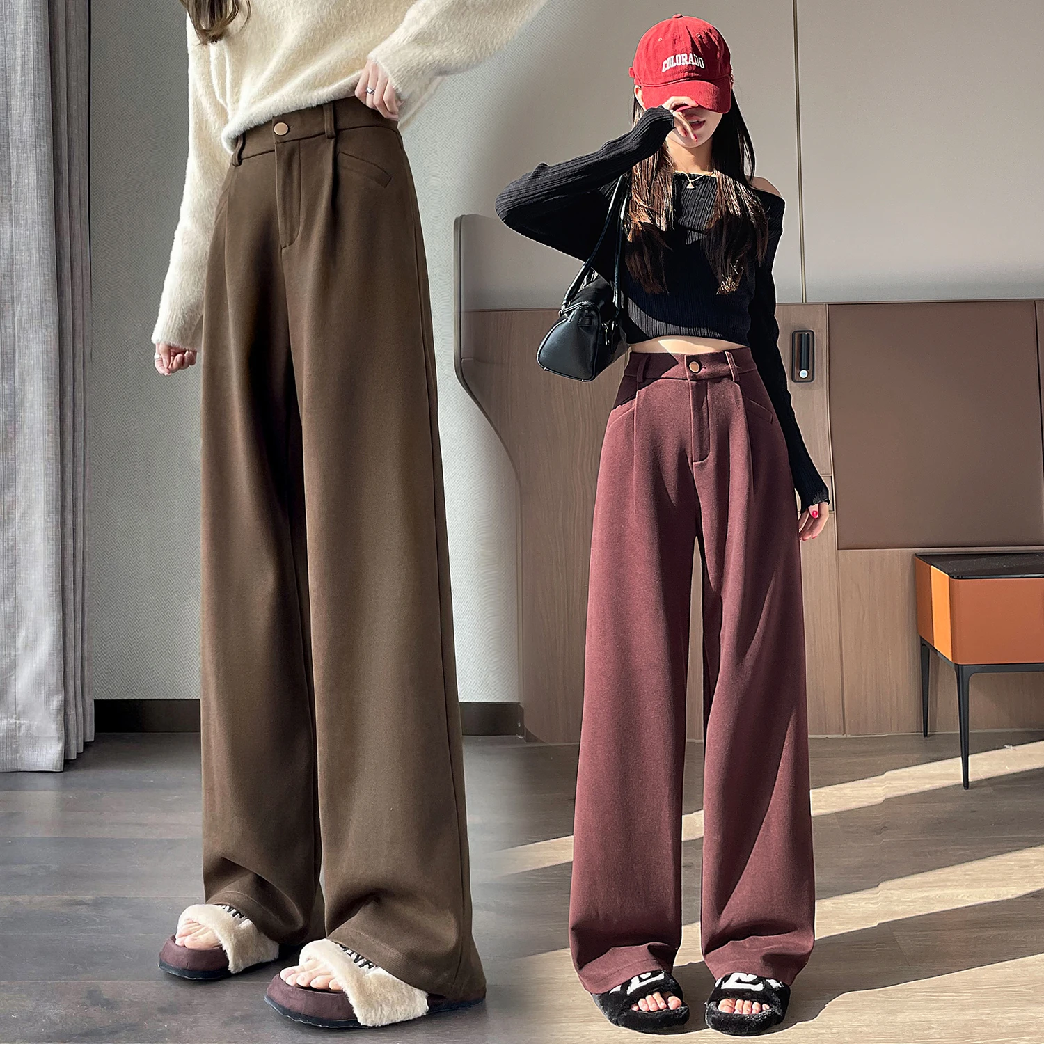 Pantaloni a gamba larga da donna in lana spessa vintage autunno inverno a vita alta con bottone singolo pantaloni larghi casual a figura intera femminile 2025