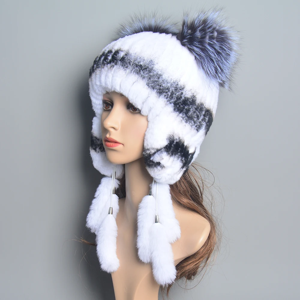 Winter Fur Hat for Women Hat with Ear Real Rex Rabbit Fur Caps Russian Women Bomber Hats Bonnets Trapper Cap Fox Hat Wholesale