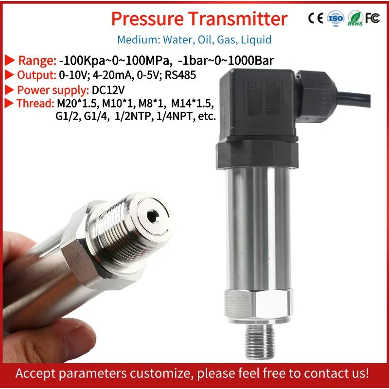 

DC12V Power Pressure Transducer Sensor with Universal Industrial 0-10V 4-20mA RS485 Absolute Vacuum Pressure Transmitter