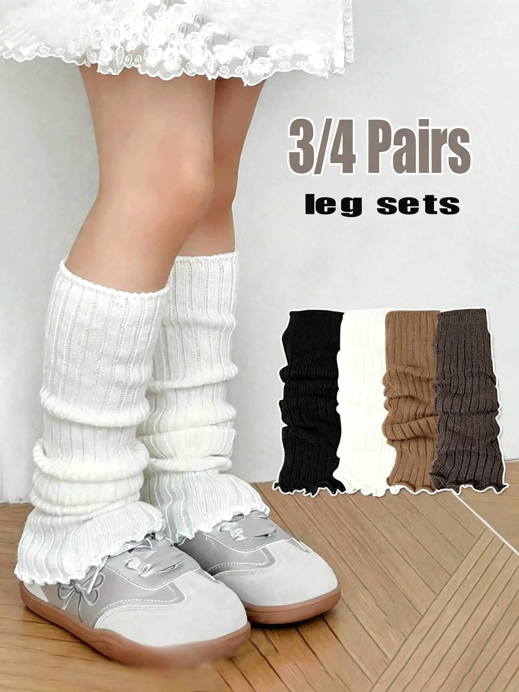 3/4Pcs Kids Ribbed Leg Warmers Ruffled Edge Decor Soft Knit Leg Covers Casual Spring Autumn Cuffs for Girls JK School Daily Wear
