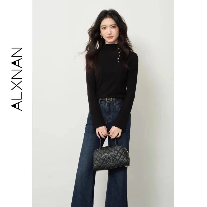 

ALXNAN Women's Pullover Black Turtleneck Wooden Flower Button Basic Long Sleeve T-shirt Elegant Fashion High Neck Tees L57528-1