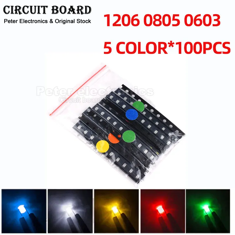 SMD LED Diode Variedade Kit, verde, vermelho, branco, azul, amarelo, novo, 1206, 0805, 0603, 5x10 0pcs/cor = 500pcs