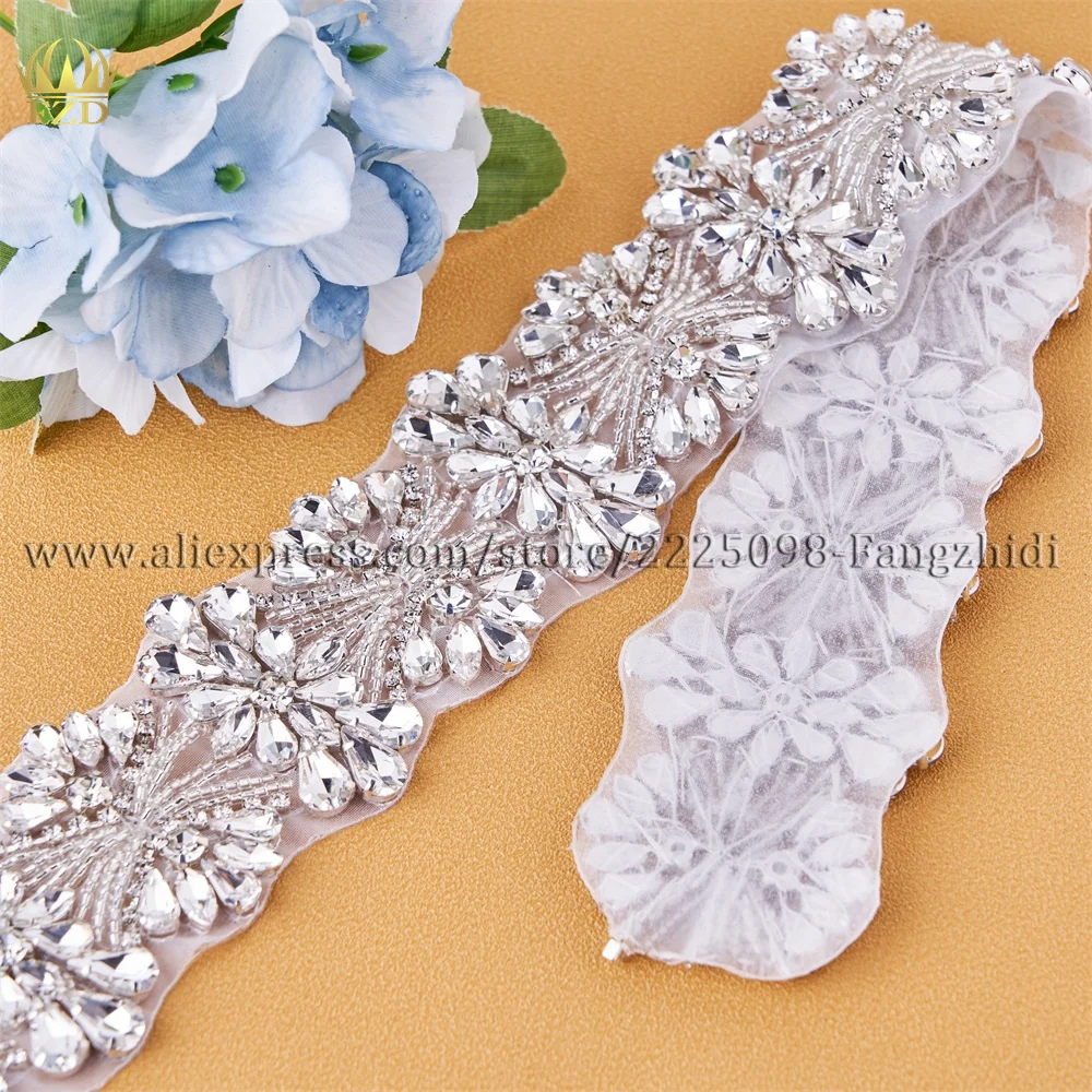 

FZD 1 PC Silver Rhinestone Crystal Iron on Applique Belt Sew on Wedding Beaded Bridal Trim for Wedding Dresses Hotfix Rhinestone