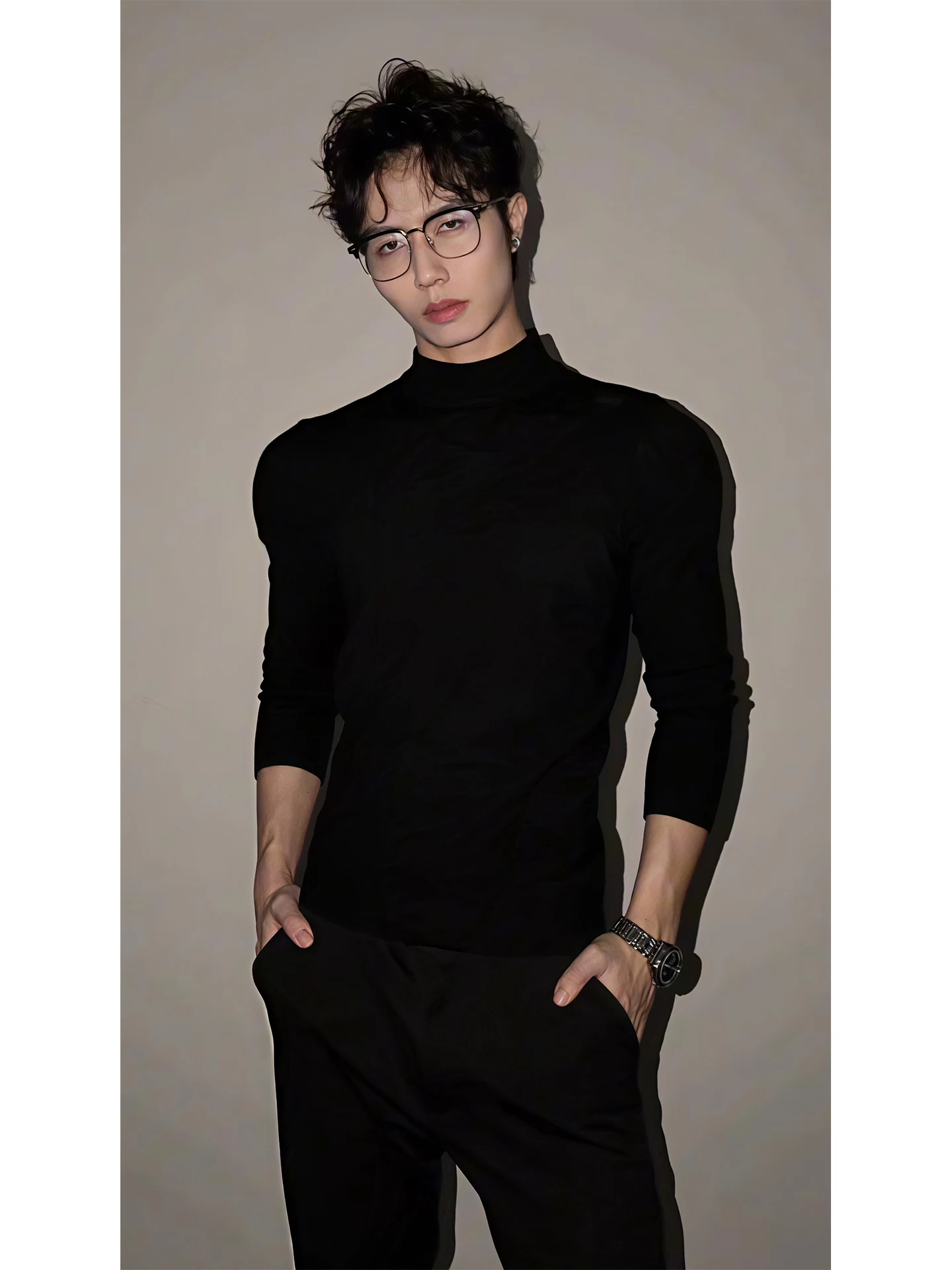 

American Sle Men's Long Sve Fce Lined Thermal irt Bla Velvet Autumn Winter High Collar T-irt Cool And Sli