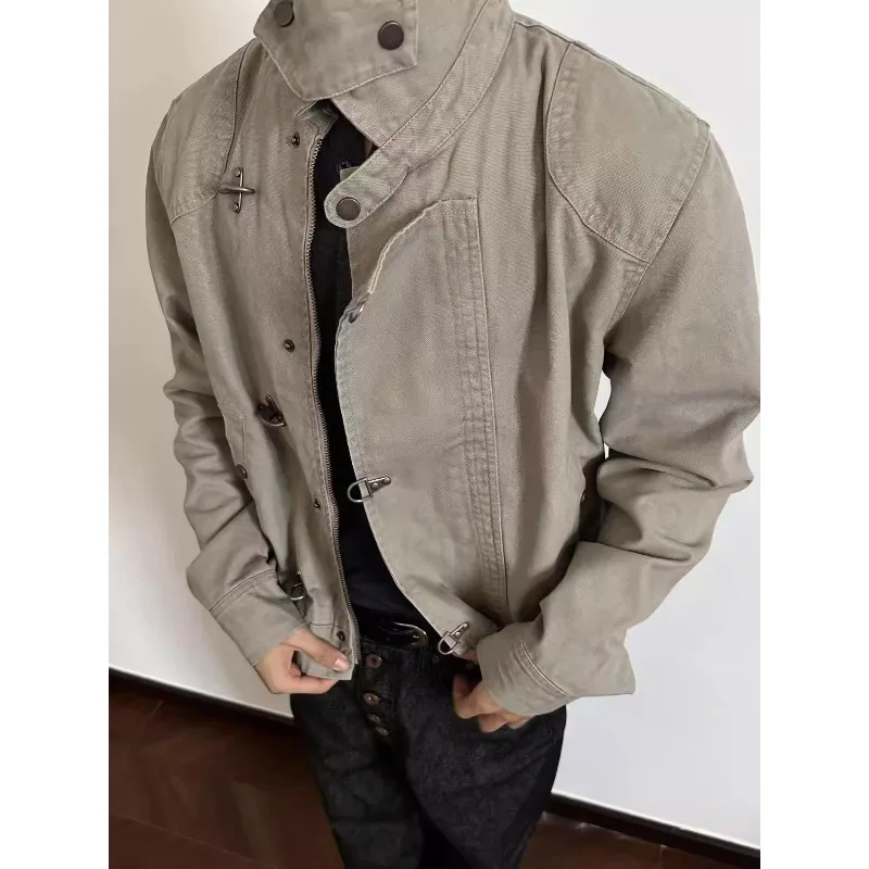 American Stand Collar Airplane Buckle Workwear Jackets for Men Autumn New Retro Casual Men's Streetwear Zipper Jacket Short Coat