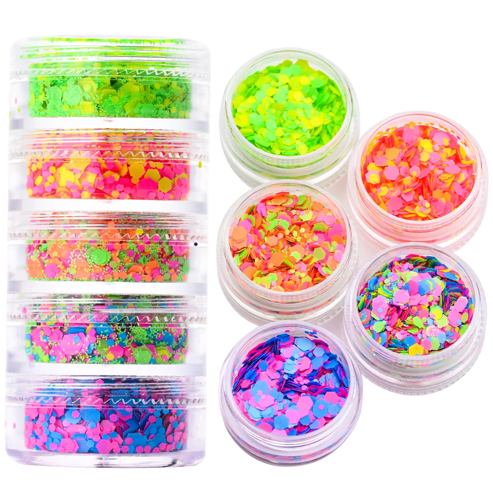 Purpurina hexagonal ultrafina para uñas, lentejuelas de sirena, camaleón, purpurina holográfica, decoración de uñas, esmalte de Gel UV DIY, 6/5Jar/lote