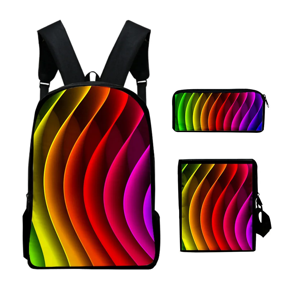 Classic Novelty Creative color blocking 3D Print 3pcs/Set School Bags Laptop Daypack Backpack Inclined shoulder bag Pencil Case
