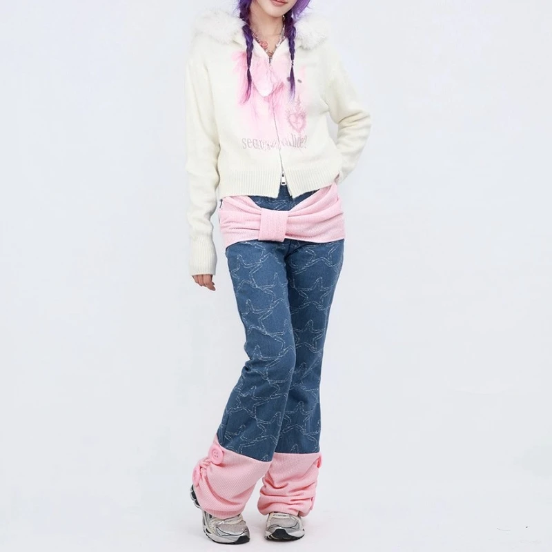 Original Design Y2K Retro Splicing Color Star Pattern Women's Long Pants Autumn Winter New Loose Versatile Flared Jeans Ladies