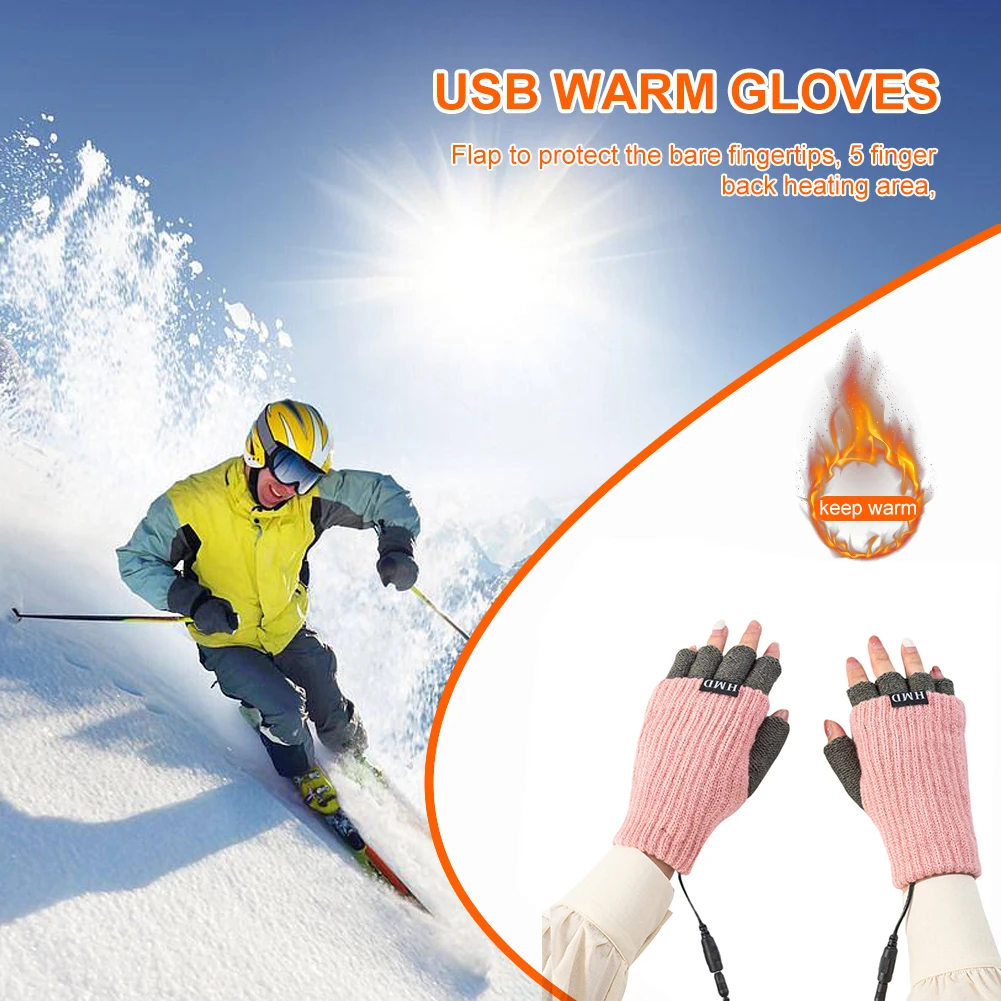 USB Warm Hand Heating Gloves Fingerless USB Electric Heating Gloves Constant Temperature for Skiing Riding Hiking Hand Protector