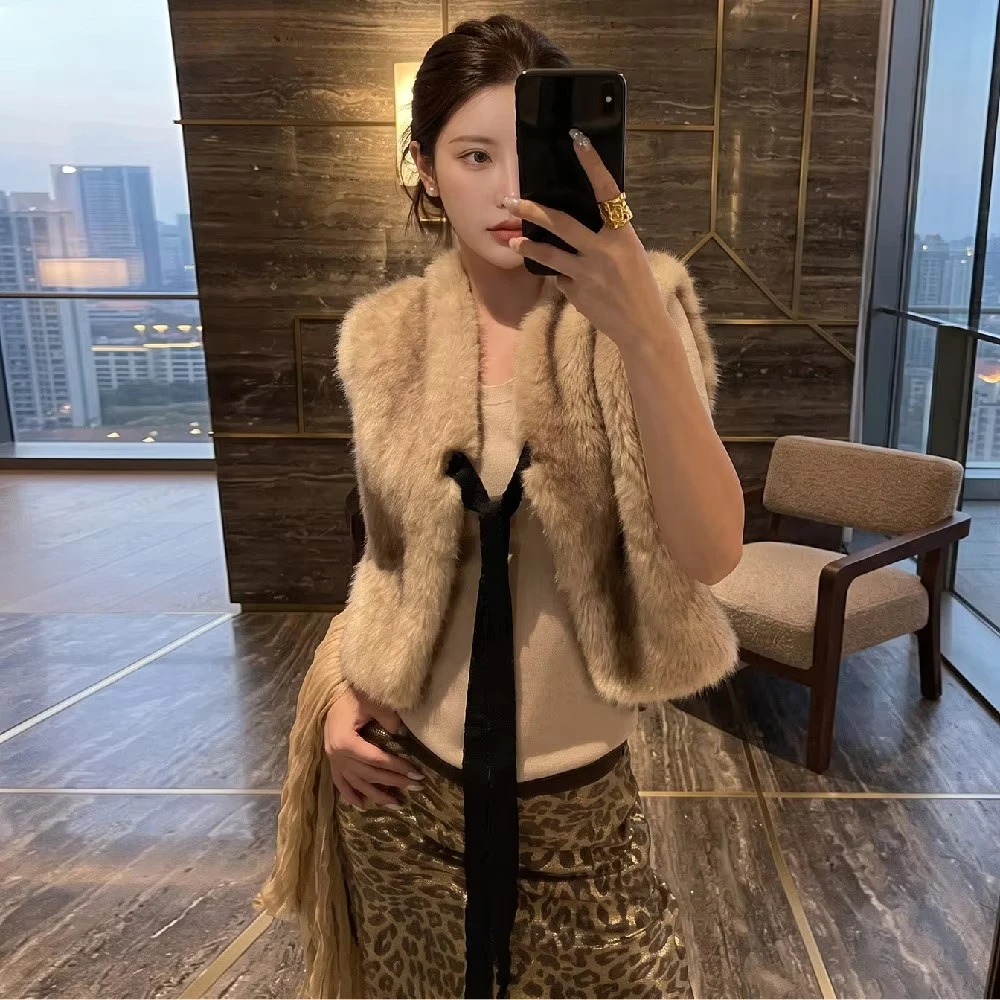 Vintage Women Autumn Winter V Collar Faux Fox Fur Sleeveless Coat Front Tide Bow Loose Shaggy Short Waistcoat Vest Outerwear