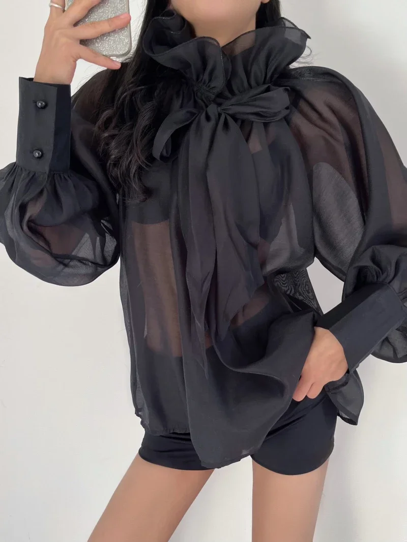 

French High-End Long Sleeved Shirt For Women In Spring And Autumn, With Ruffle Edge Straps, Loose And Chic Shirt