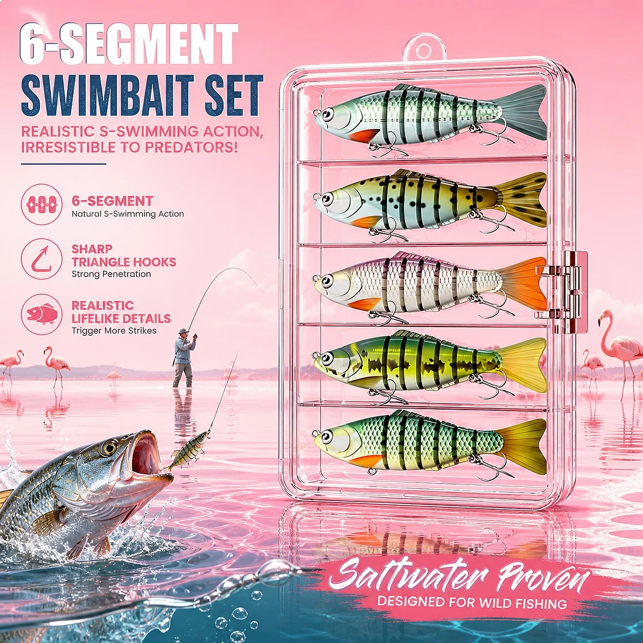 YQCCK 5 Pcs Multi Jointed Swimbaits Full Sinking S Shaped Built in Weight Segmented Bait Storage Box for Trout