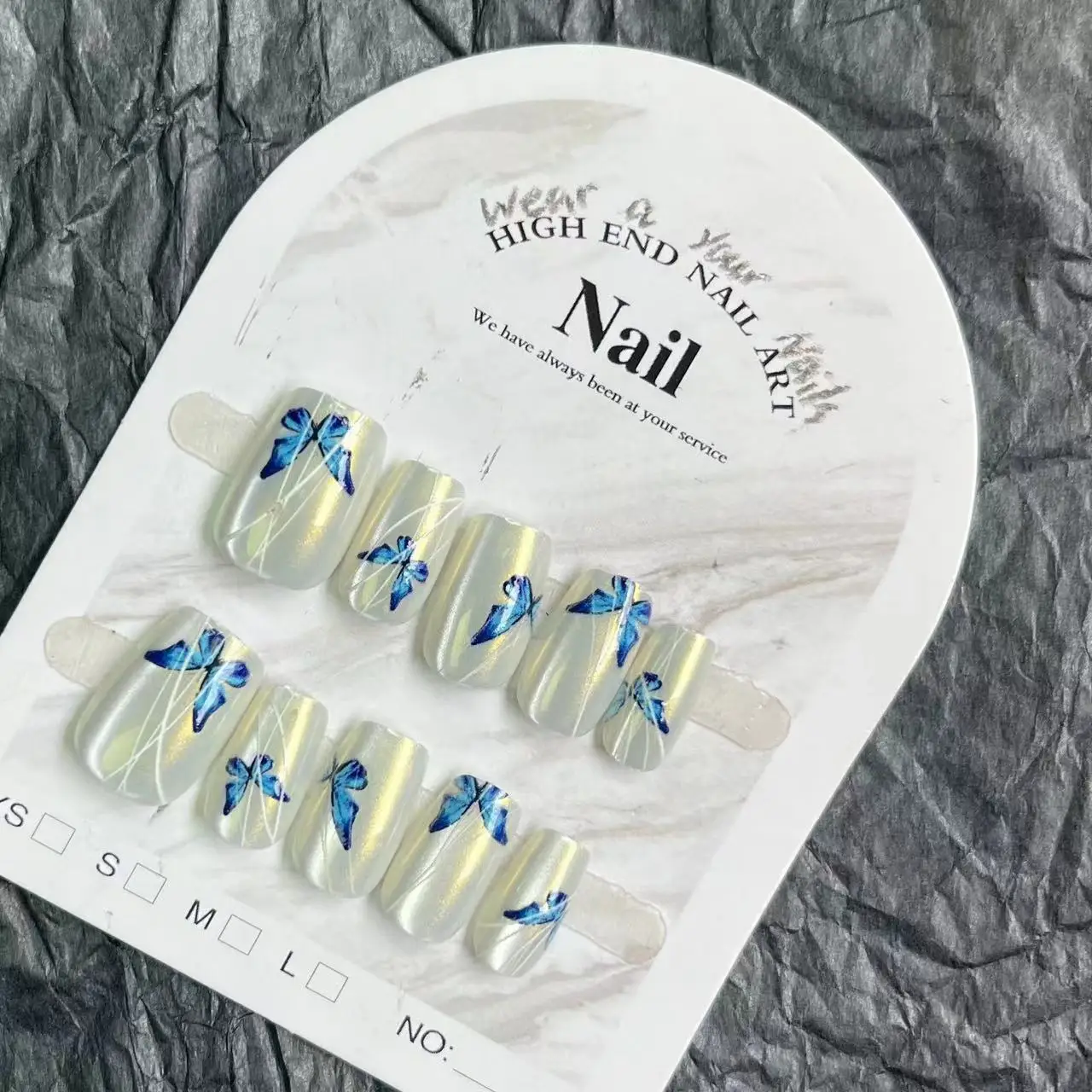 Short Pearl White Cat Eyes False Nails 10pcs Wearable Press on Nails Full Cover Blue Butterfly Design Ballet Artificial Nail Tip