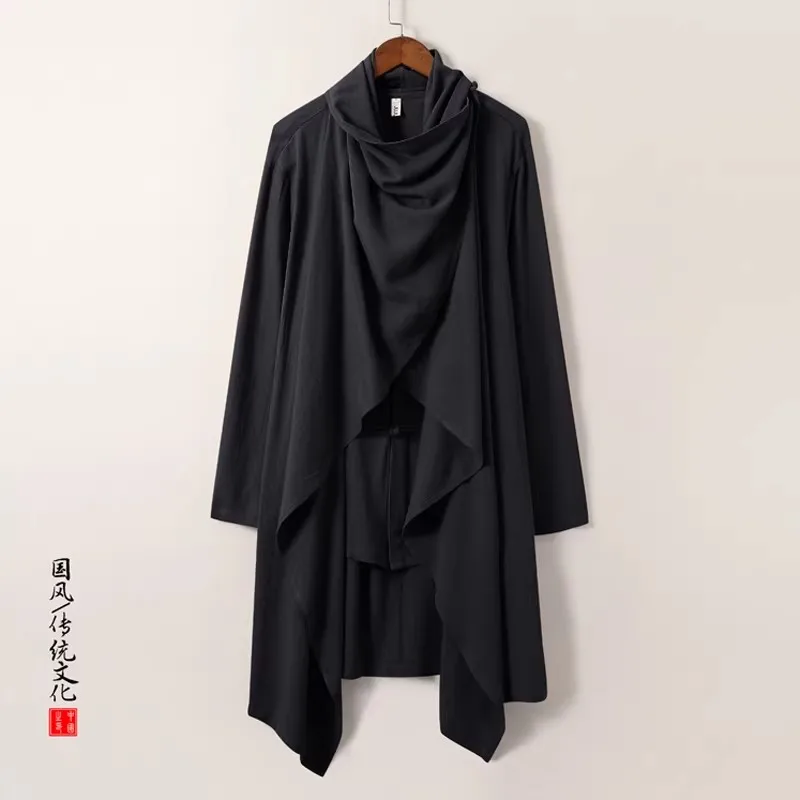 2026 Spring Men Harakuju Irregular Linen Cape Men Long Windbreakers Baggy Handsome Cotton Trench Chinese Style Cloak