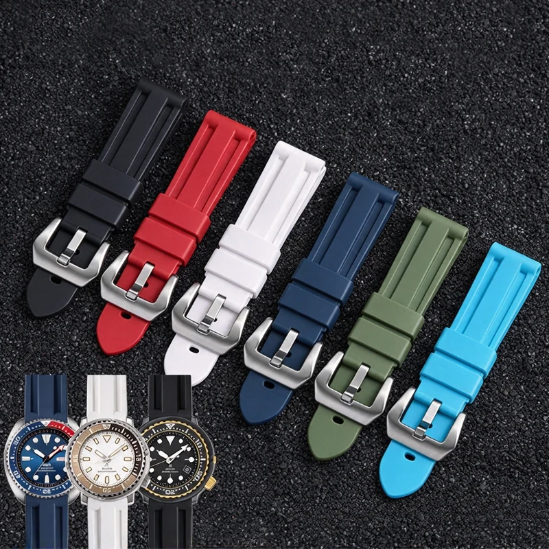 Fluorine Rubber Watchband for Panerai Seiko Casio Citizen Rolex Watch Strap Soft Casual Sports FKM Silicone Watch Belt Accessory