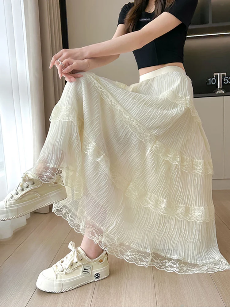 Jmprs Lace Patchwork Chic Long Skirt Women Sweet High Waist Fashion Loose Skirts Korean Casual Summer All Match Long Skirts New