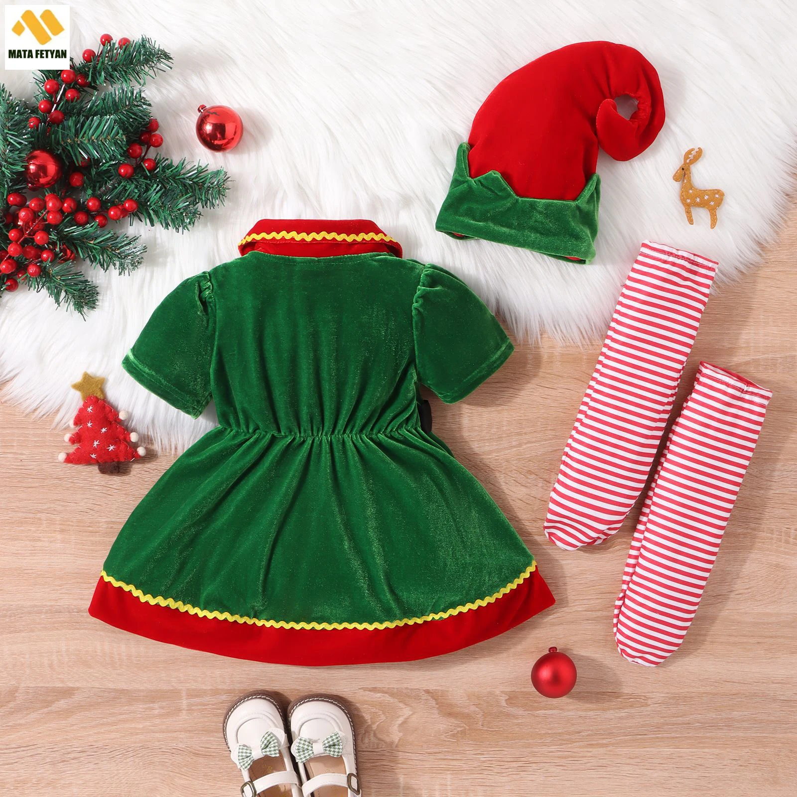 0-5Y Kerst Peuter Kinderen Meisje Kostuum Kleding Sets Contrast Kleur Korte Mouw Pop Kraag Jurk Hoed Gestreepte Sokken