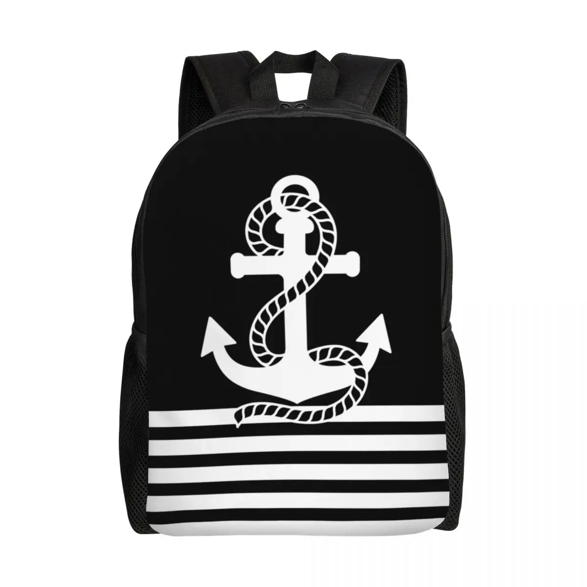 Black White Nautical Stripes And Anchor Backpack for Boys Girls Sailing Sailor College School Travel Bags Bookbag 15 Inch Laptop