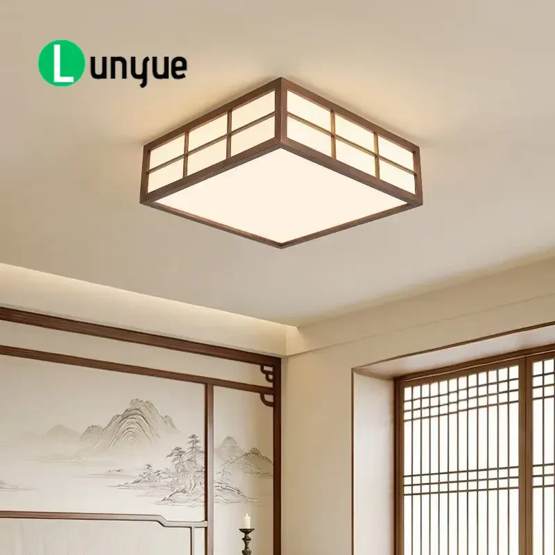 Song Style Aesthetic Ceiling Lamp Retro Tea Silk Zen Solid Wood Square Design for Living Room Bedroom Home Decor Lighting